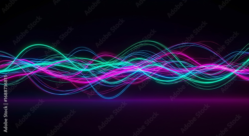 Poster colorful glowing lines of light forming abstract waves of energy, creating a dynamic digital stream 
