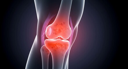 Vibrant visualization of human knee joint showing inflamed cartilage, ligaments, and bone structure for medical research and healthcare awareness