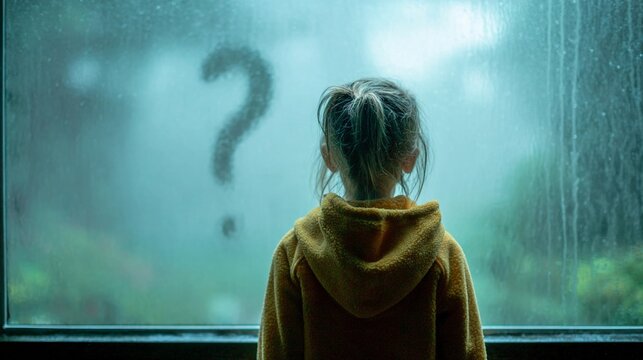 Child gazes out a rainy window with curiosity and wonder about the unknown world beyond the foggy glass in a cozy indoor setting during a gloomy day
