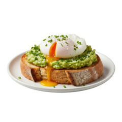 A perfectly poached egg with molten yolk on golden sourdough, creamy avocado, sea salt, and chives, on a minimalist white plate, isolated on transparent, high-key lighting. Concept for gourmet