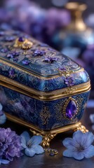 Intricately designed blue jewelry box adorned with flowers and gemstones on a dark surface surrounded by purple blooms