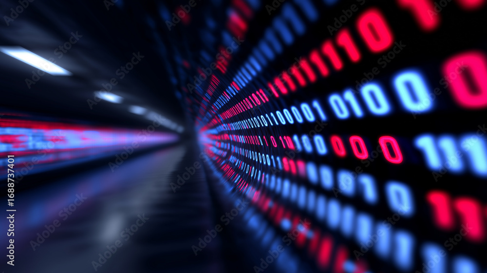 Poster tunnel of binary code with glowing ones and zeros in blue and red.