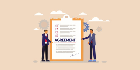 Two businessmen standing next to a large document with the word agreement and checkmarks symbolizing a successful contract or deal
