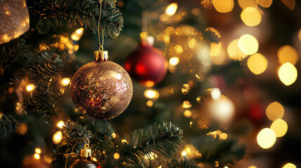 Closeup of a christmas tree with golden bauble and bokeh lights background