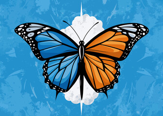 Split butterfly with blue and orange wings on textured blue background