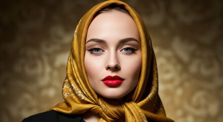 Elegant woman in golden scarf with red lips