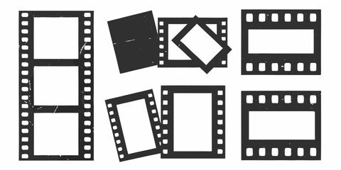 Collection of vintage film strips and frames with a scratched texture on a white background
