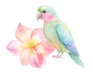 Exotic Watercolor Parrot with Tropical Flowers Isolated on White