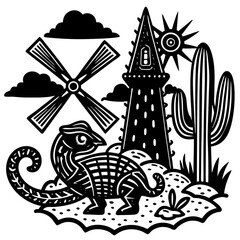 Minimilist black and white illustration featuring a lizard windmill tower cactus sun and clouds in a desert scene vector