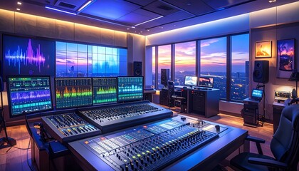 Fototapeta premium Modern, illuminated recording studio with city view