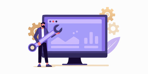 Man with wrench working on computer screen displaying data and charts with gears and leaves