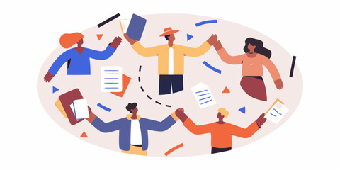 Diverse group of people holding hands in a circle celebrating success and teamwork with documents and abstract shapes