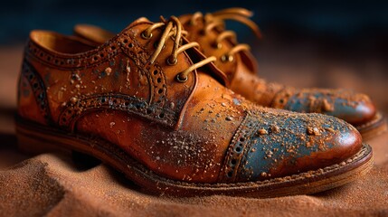 Vintage leather shoes covered in dust resting on sandy surface at a dusty location during midday light