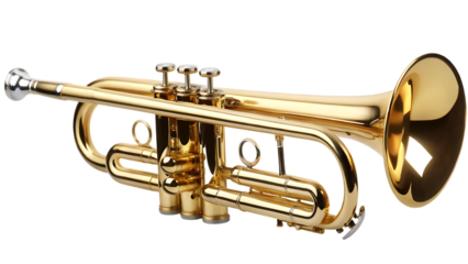 Golden trumpet with shiny brass finish and valves isolated on a transparent background