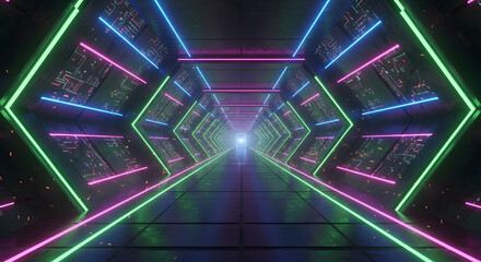 A mesmerizing journey through a futuristic hexagonal tunnel illuminated by vibrant pink, blue, and green neon lights creating a sense of speed and motion