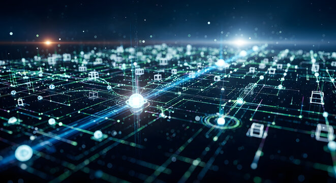Abstract visualization of a futuristic technology grid with glowing nodes and data streams on a digital plane
