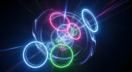 Futuristic abstract background with a swirling vortex of vibrant, glowing neon rings and light trails in deep space