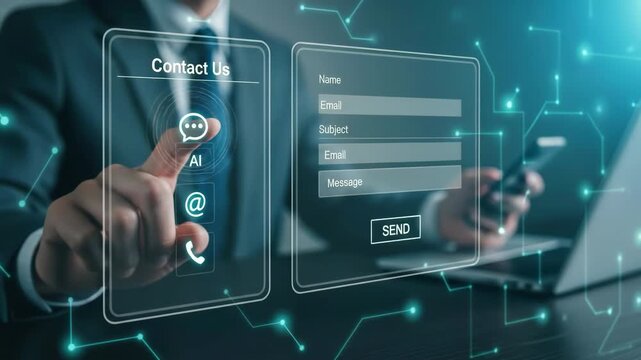 A contact form digital interface for business communication technology with ai email phone support, futuristic innovation, online network, professional virtual interactive service