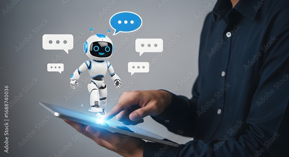 Poster a person interacts with a digital assistant robot on a tablet, showcasing the use of artificial inte