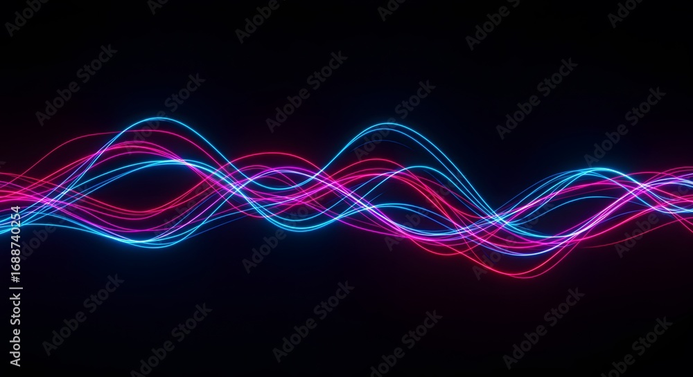 Poster abstract colorful glowing lines forming waves on a dark background - a vibrant digital art represent