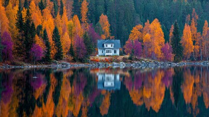Vibrant autumn landscape with a lake reflecting a charming white house surrounded by colorful trees