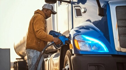 Fototapeta premium Truck driver refuels a blue semi-truck at a gas station in the early morning light while preparing for a long haul