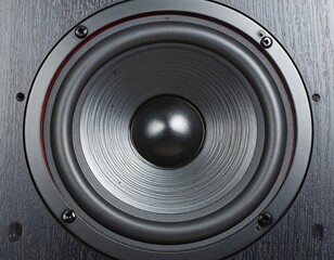 Close-up of a speaker's woofer cone, showcasing its concentric rings and dust cap