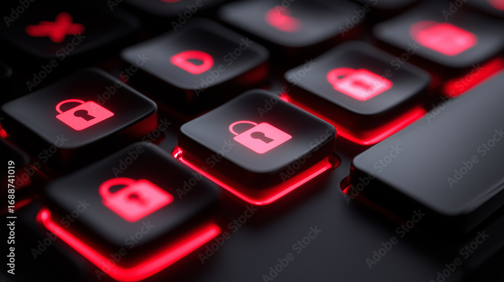 Poster close-up of illuminated red lock icons on a computer keyboard.