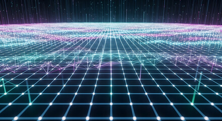 Vibrant abstract visualization of a digital network grid with flowing streams of information and technology concepts