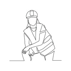 Continuous line drawing of standing building construction worker and engineering woman. One line art of architect or engineer mechanic. Vector illustration editable stroke