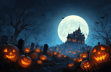 Haunted house under full moon - Spooky Halloween night - Eerie landscape concept.