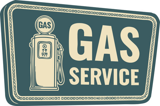 A retro-style sign for a gas service station featuring a vintage fuel pump.