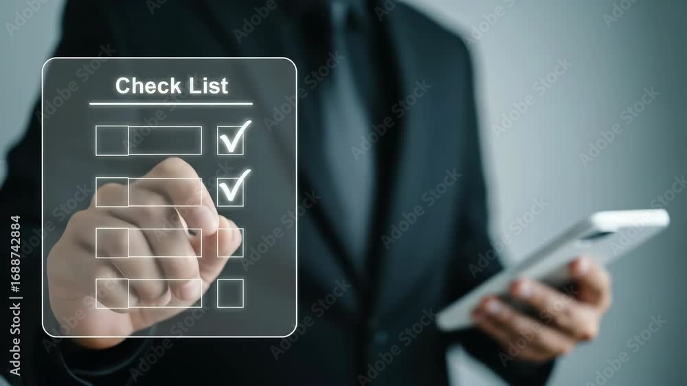 Poster a businessman checklist digital touchscreen technology for success planning management and productiv