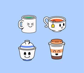 Four adorable beverage cups with smiling cartoon faces a coffee mug, tea cup with bag, traditional teapot cup, and takeaway coffee cup for cafe, tea shop, coffee brand, or cute drink icons vector