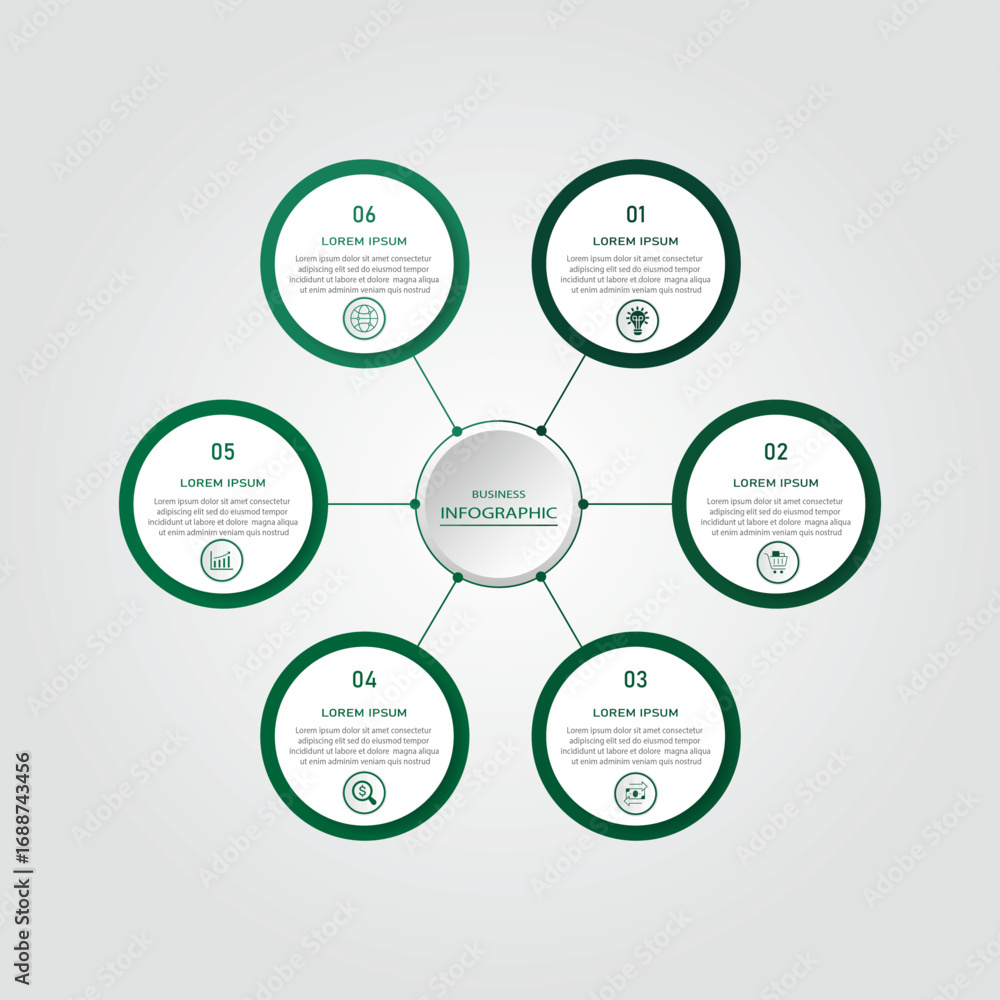 Poster 6 circular steps business process connected with 3d circle by line | infographic business idea visua
