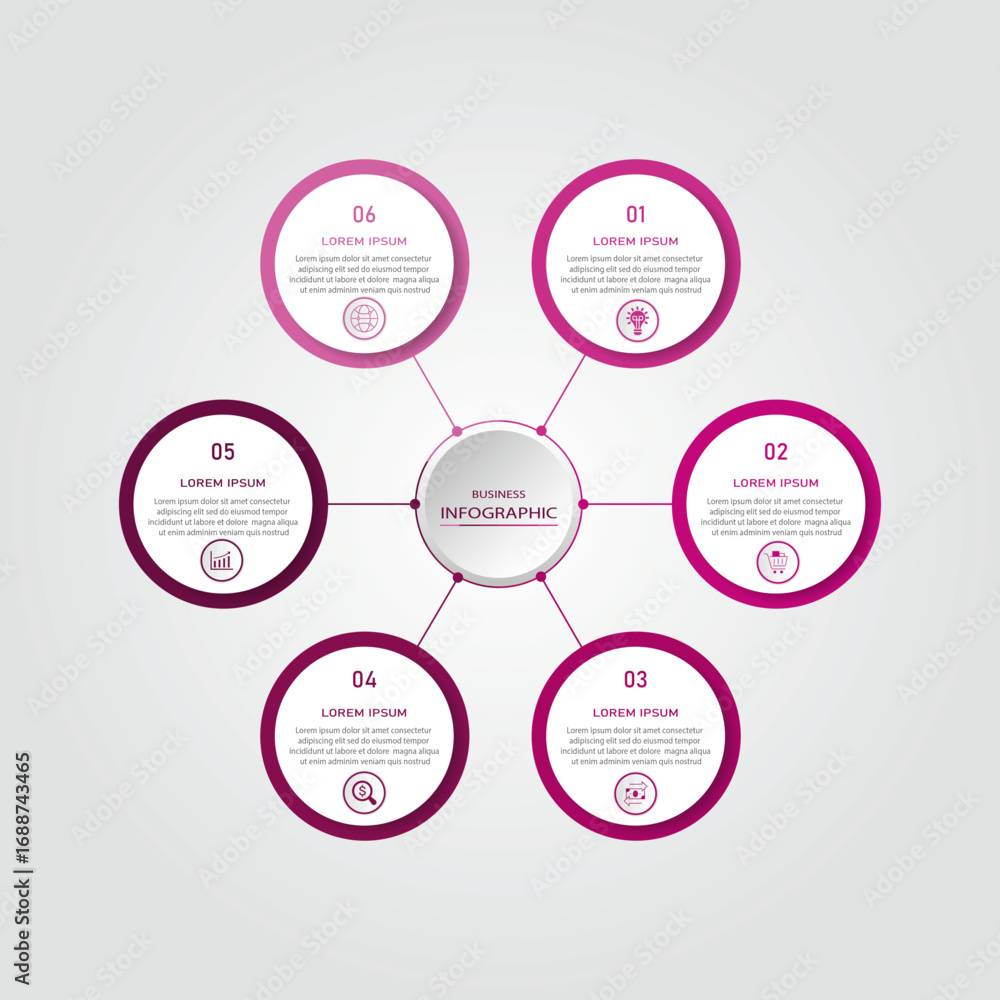 Poster 6 circular steps business process connected with 3d circle by line | infographic business idea visua