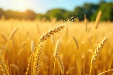 Golden wheat stalks sway gently in a summer field, bathed in warm sunlight A classic image of agricultural abundance and the beauty of nature's bounty , countryside, cereal