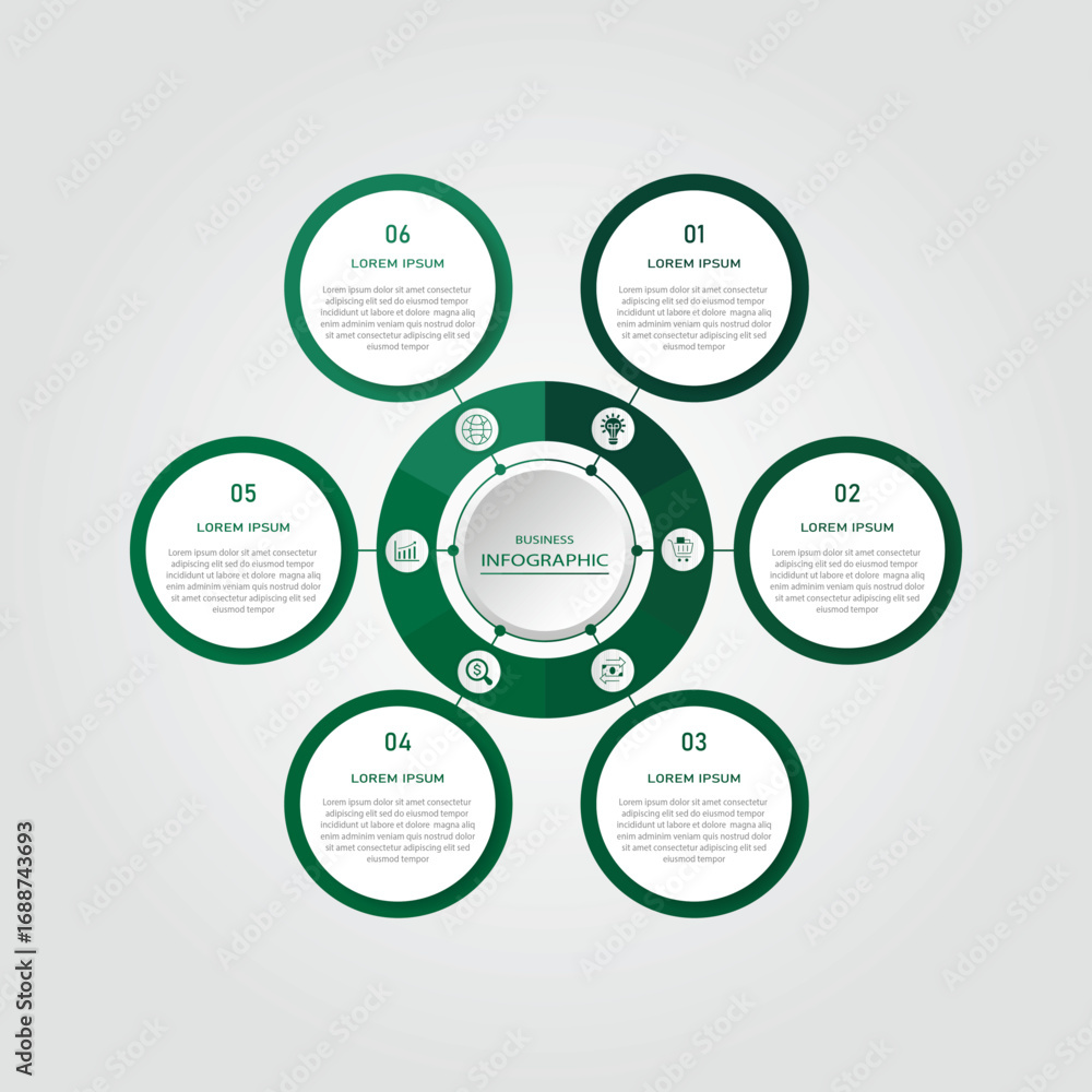 Poster 6 circular steps business process connected with 3d circle by line | infographic business idea visua