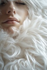 Close-up of a young woman's face, immersed in pure white fur, hyper-realistic, rich in detail.