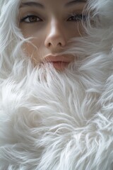 Close-up of a young woman's face, immersed in pure white fur, hyper-realistic, rich in detail.