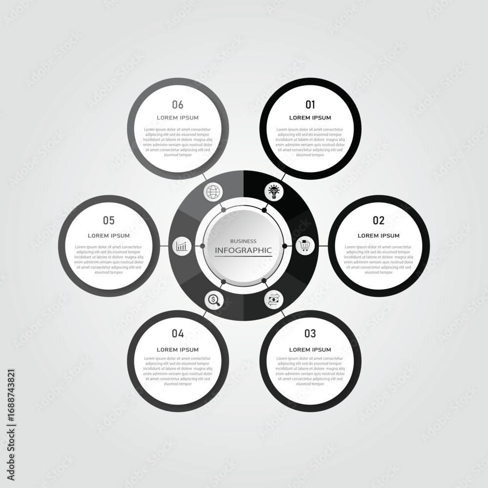Poster 6 circular steps business process connected with 3d circle by line | infographic business idea visua