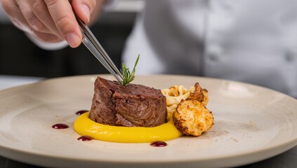 Exquisite beef tenderloin creation being plated with precision and artistic flair highlighting