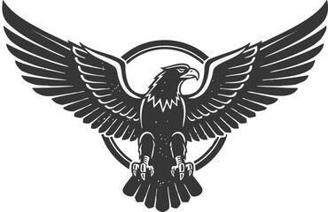 A powerful black and white illustration of a majestic eagle with its wings spread wide in a circular emblem.