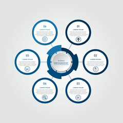 Marketing process visualization with white circle diagram | Business data representation with 6 steps or option blue base border | 3d timeline vector illustration for web, presentation, report