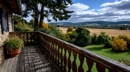 Obraz premium Wooden balcony overlooking picturesque countryside in autumn