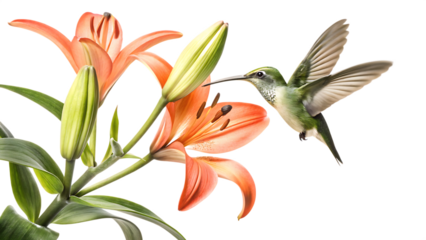 Green hummingbird feeding on orange lily isolated on a transparent background flower 3
