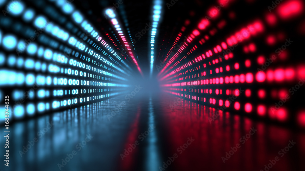 Poster glowing digital tunnel with red and blue led lights creating a futuristic perspective.