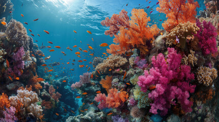 Vibrant coral reef underwater, filled with colorful marine life.