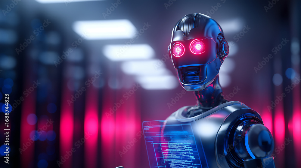 Poster futuristic humanoid robot with glowing red eyes in a high-tech server room environment.