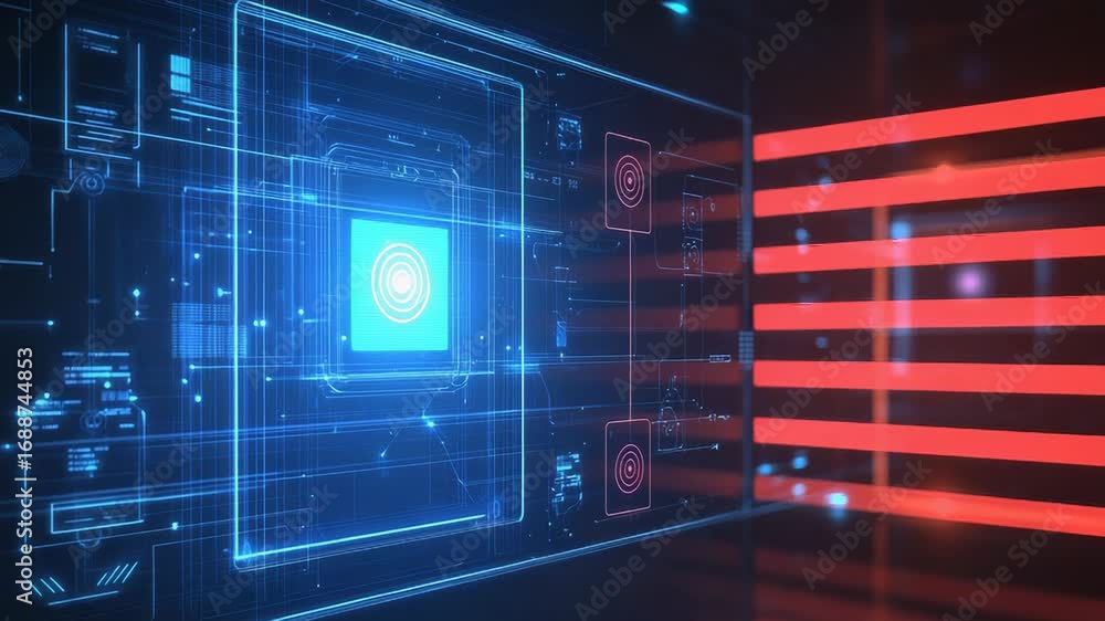 Poster futuristic interface displaying data analysis and information processing